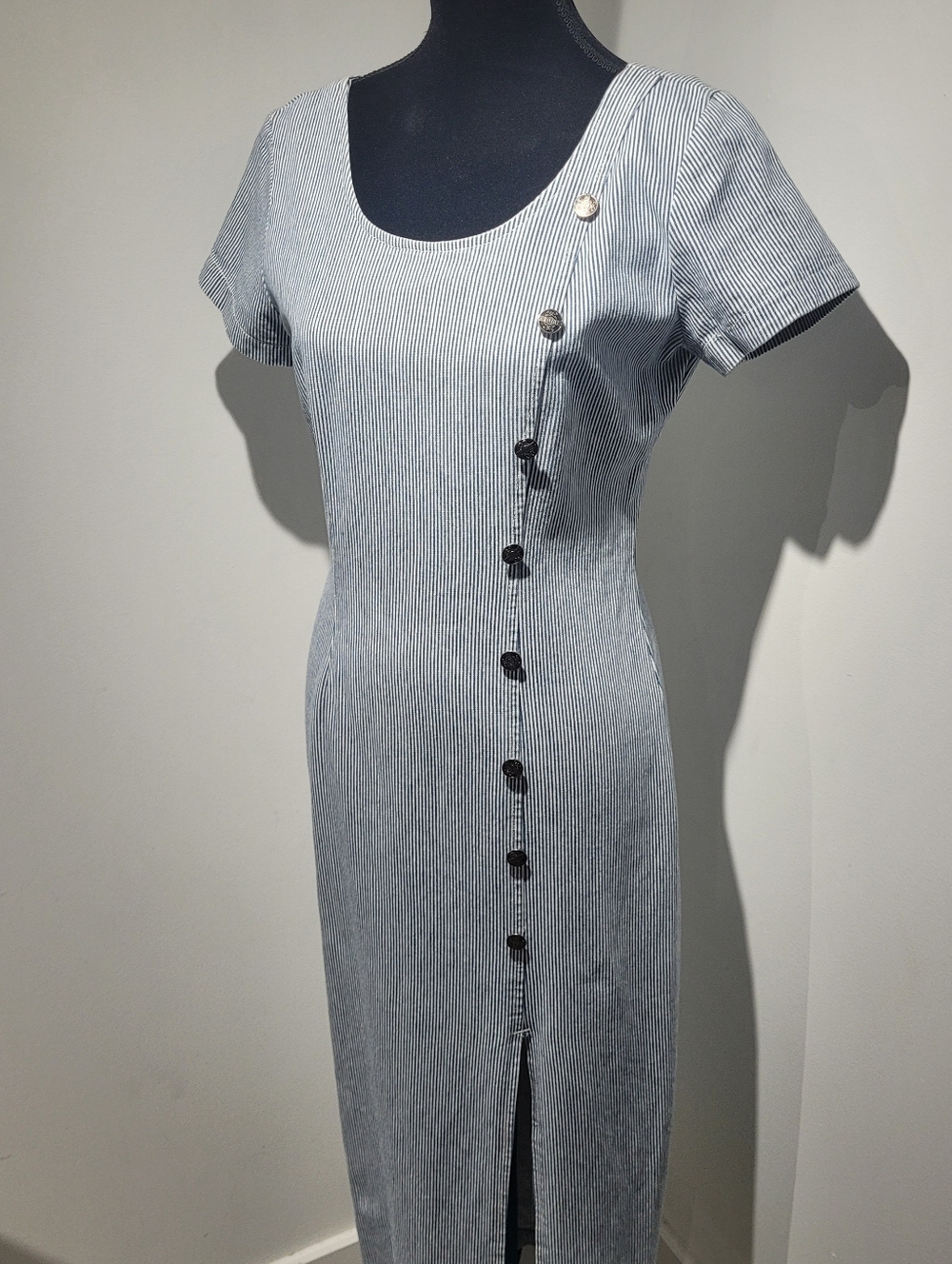 Light Blue Pinstripe Maxi Dress with Side Button Detail - Picture 3 of 10